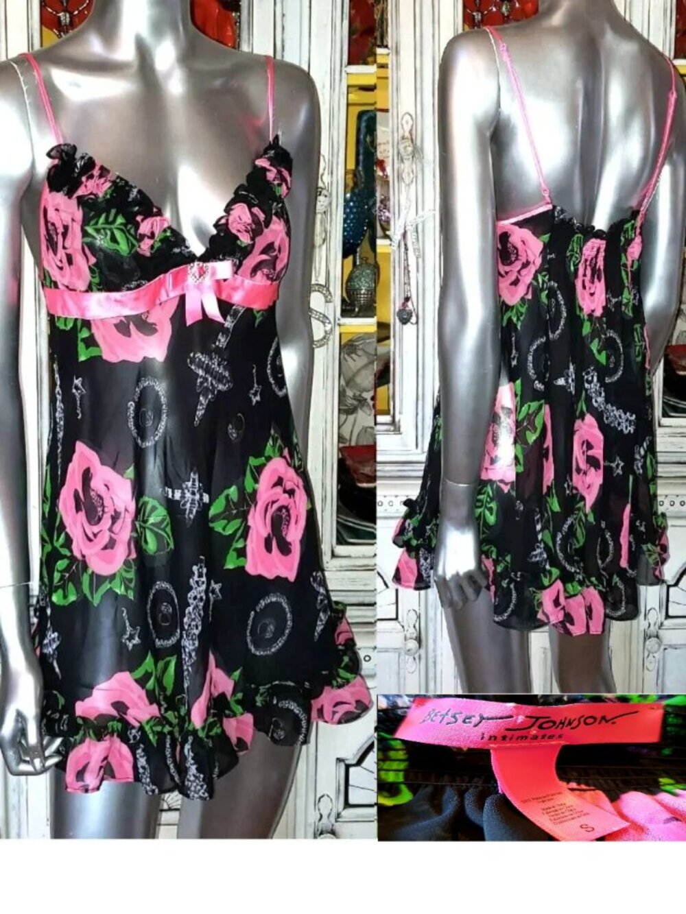 Vintage Betsey Johnson Slip Dress Y2K Black Floral Rose Jewelry Print Babydoll S